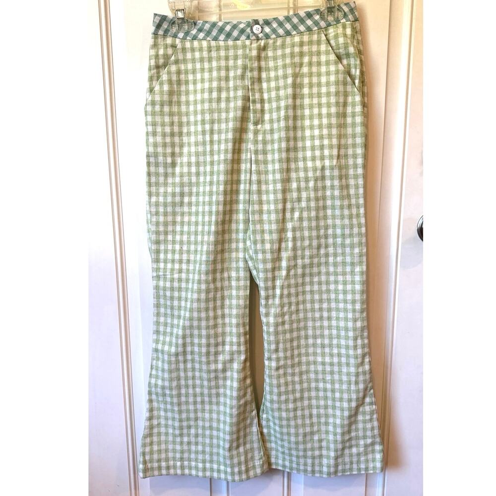 URBAN OUTFITTERS UO Leanna Gingham Cropped Flare Pant Green 100% Cotton Sz Small - Picture 2 of 9